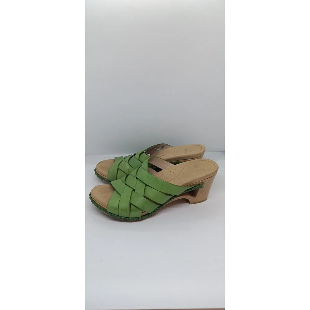 Dansko Women Green Leather Woven Slip On Wooden Wedge Sandals Clogs Size 38